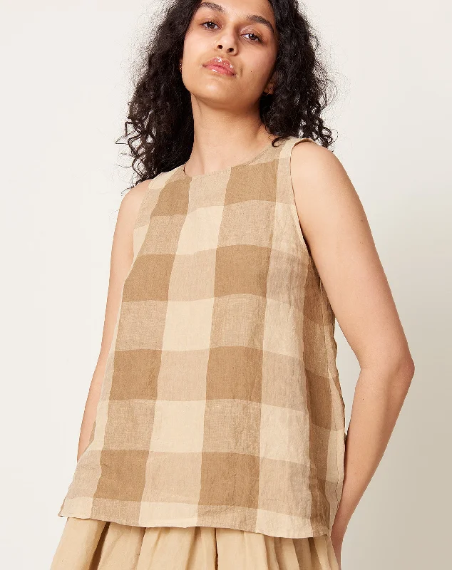 Macro Vichy Linen Sleeveless Top in Hazelnut