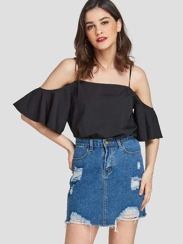 Custom Cold Shoulder Plain Ruffle Trim Short Sleeve Black T-Shirts