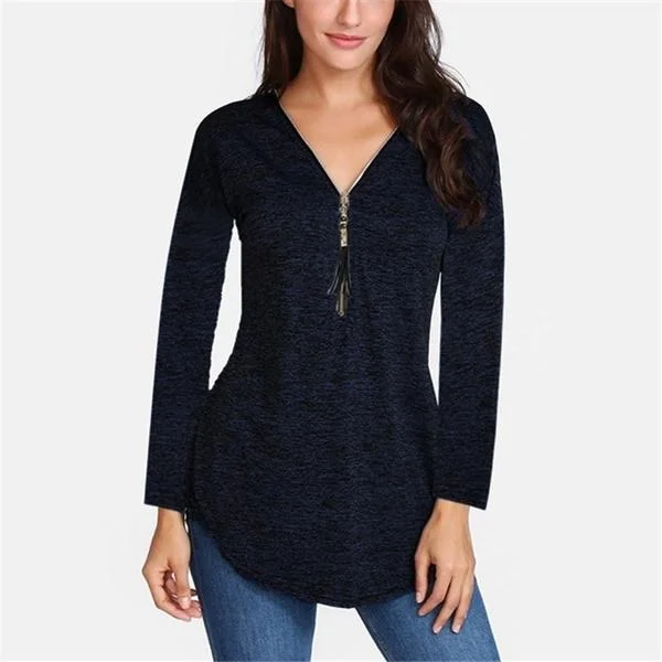 Women V-neck Zipper Long Sleeve Solid Color Top Plus Size Blouse Top