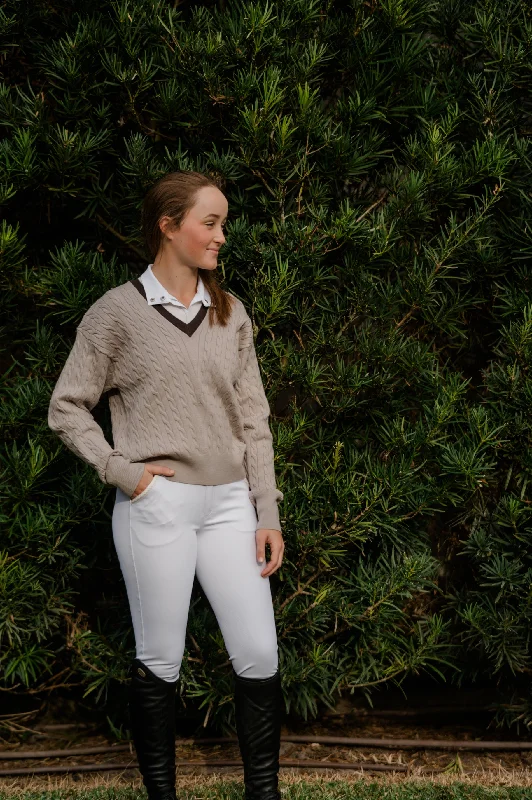 The Club Cable Sweater in Pale Taupe Quartz with a Chocolate+White Tipped Collar