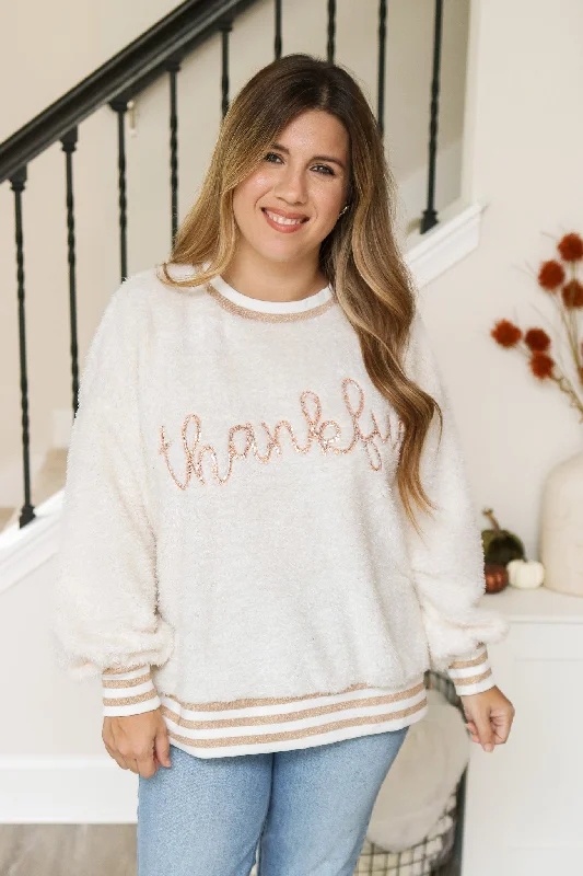 Thankful Embroidered Sequins Fuzzy Pullover