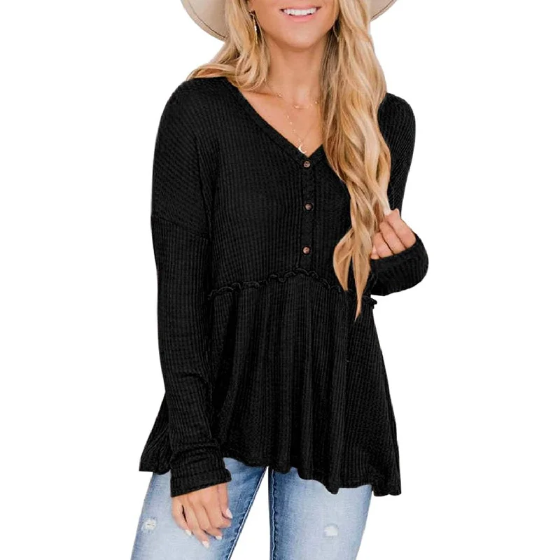 Women's Long Sleeve V Neck Ruffle Babydoll Tunic Tops