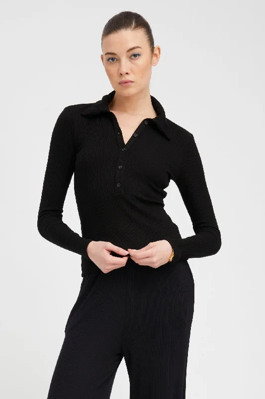 Black Rib Long Sleeve Polo Top