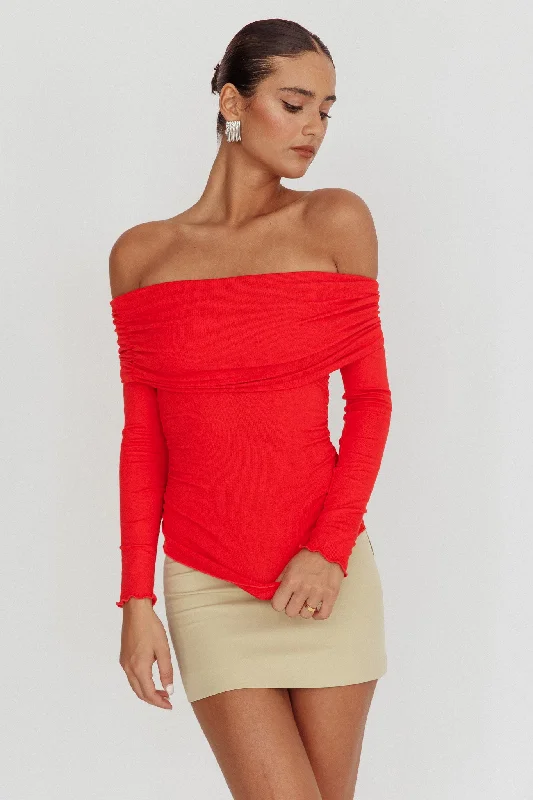 Ricki Off-Shoulder Long Sleeve Top Red