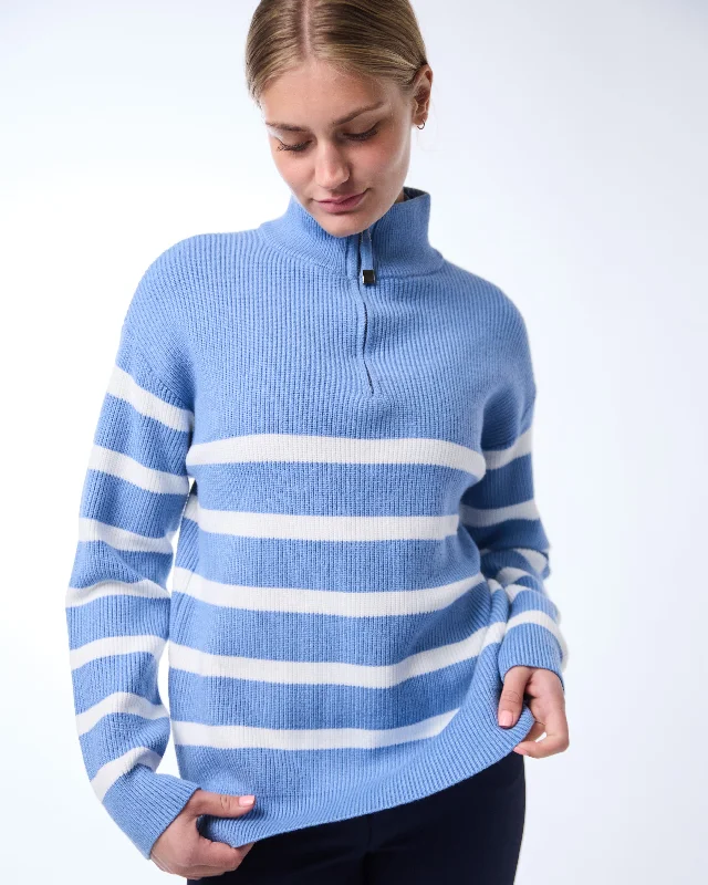 The Striped Fence Line Sweater in Sail Blue with White Stripe- Ships February 1, 2025