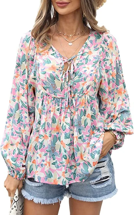 Women's Casual Boho Floral Print V Neck Long Sleeve Top