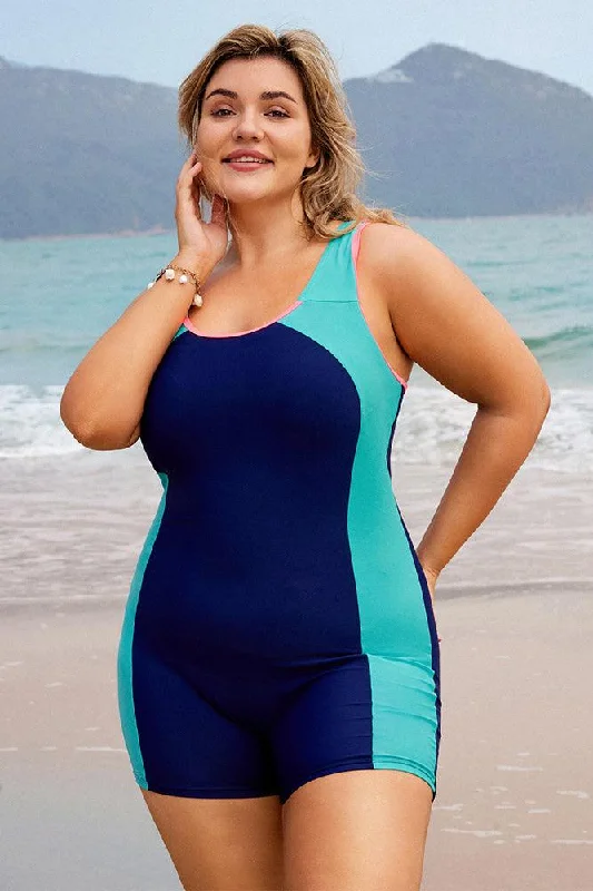 HN Women Plus Size Contrast Color Bathing Suit Hollowed-out Back Swimwear